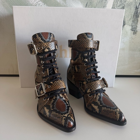 Chloe Brown Snake Print Cut Out Boots - Picture 2 of 9